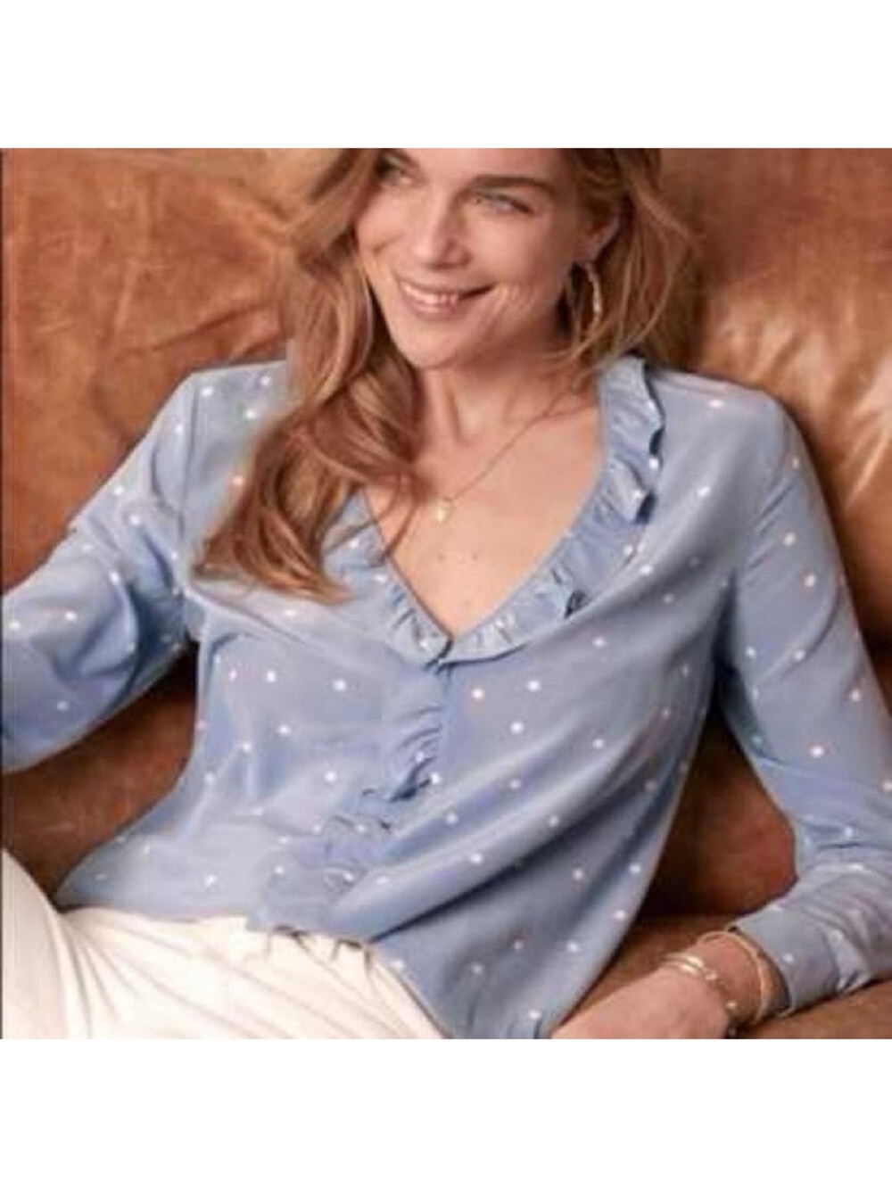 Sezane | Dusty Light Blue Polka Dot Capucine Silk Blouse | 38/M/6